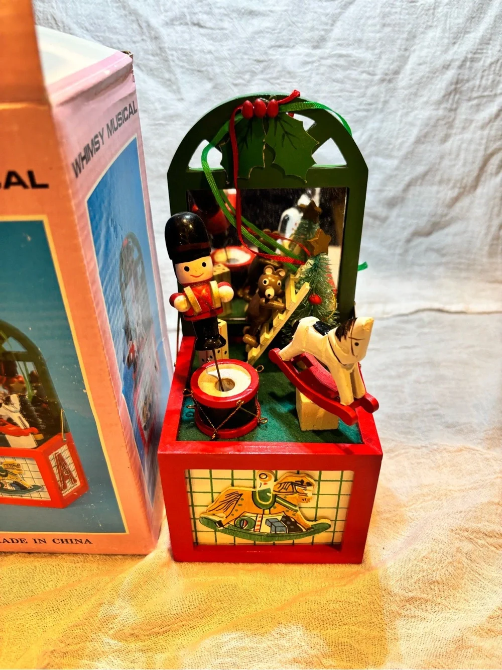 Whimsy Wooden Musical Holiday Toy Scene - Red & Green